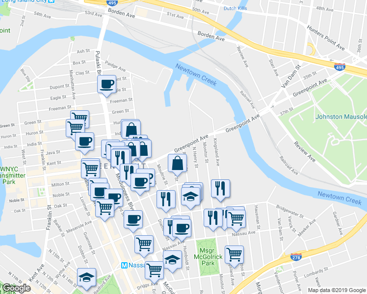 map of restaurants, bars, coffee shops, grocery stores, and more near 507 Russell Street in Brooklyn