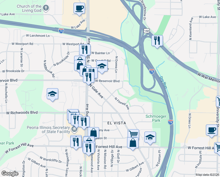 map of restaurants, bars, coffee shops, grocery stores, and more near 3544 North Finnell Avenue in Peoria
