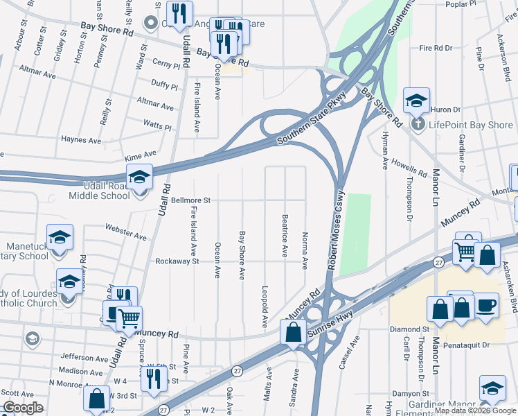 map of restaurants, bars, coffee shops, grocery stores, and more near 884 Bay Shore Avenue in West Islip