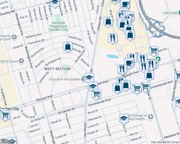 map of restaurants, bars, coffee shops, grocery stores, and more near 69 Osborne Road in Garden City