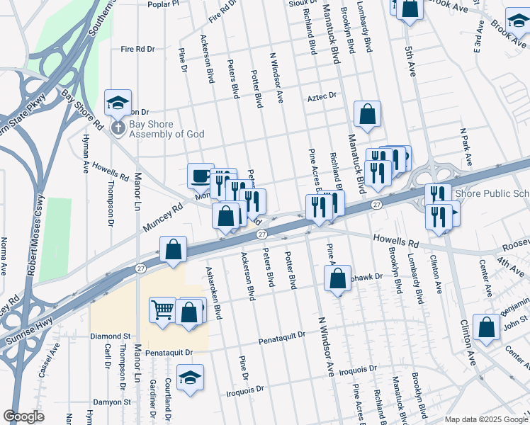 map of restaurants, bars, coffee shops, grocery stores, and more near 1017 Sunrise Highway North Service Road in Bay Shore