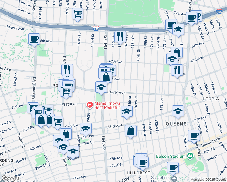 map of restaurants, bars, coffee shops, grocery stores, and more near 70-21 166th Street in Queens