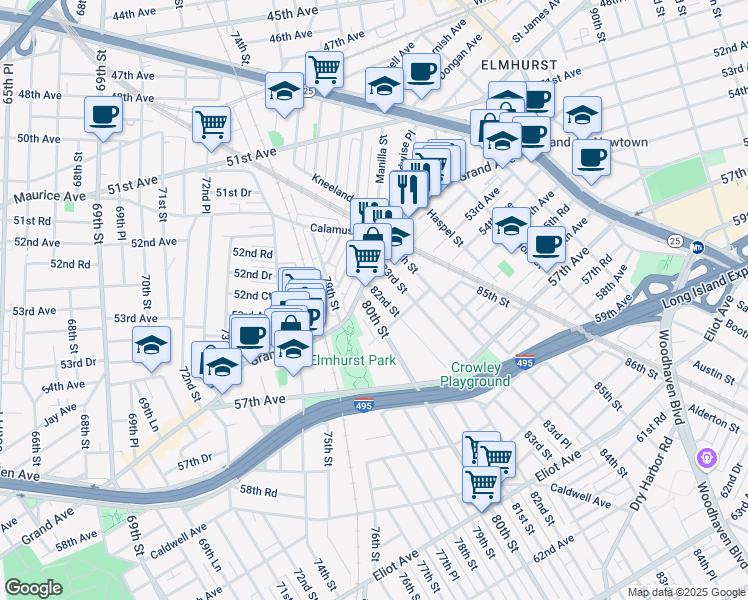 map of restaurants, bars, coffee shops, grocery stores, and more near 53-40 80th Street in Queens