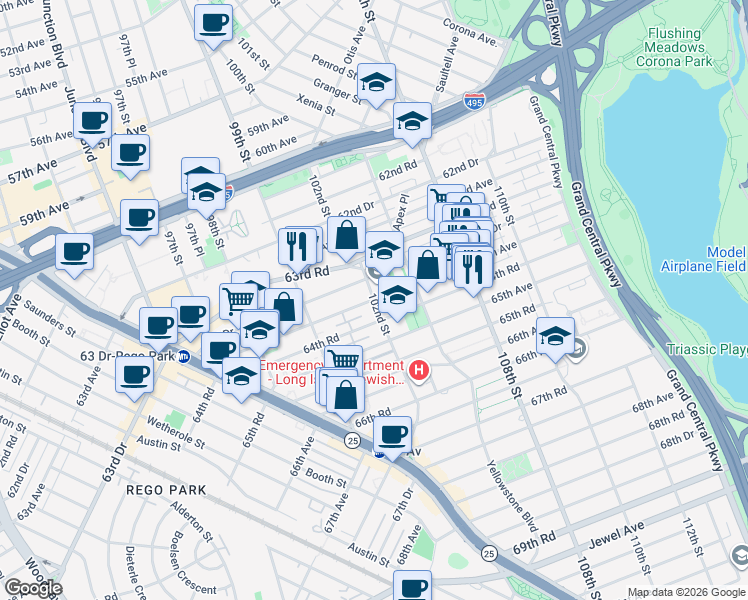 map of restaurants, bars, coffee shops, grocery stores, and more near 99-41 64th Avenue in Queens