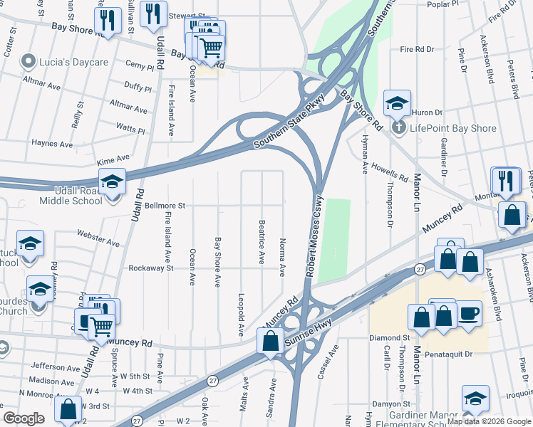 map of restaurants, bars, coffee shops, grocery stores, and more near 274 Norma Avenue in West Islip