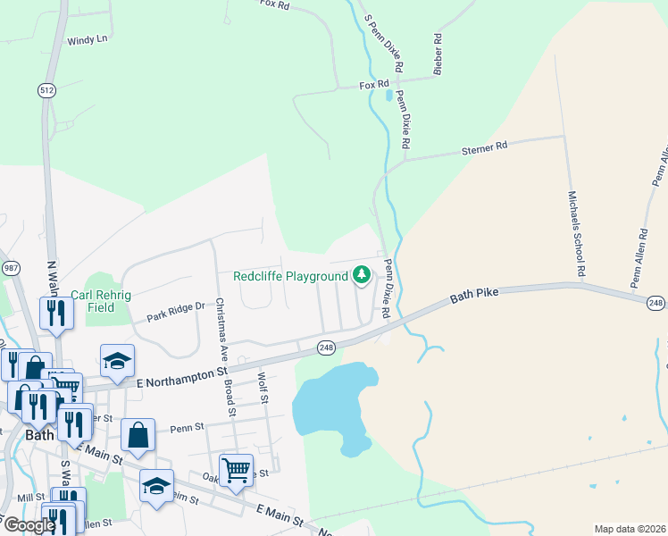 map of restaurants, bars, coffee shops, grocery stores, and more near 3245 Penn Dixie Road in Nazareth