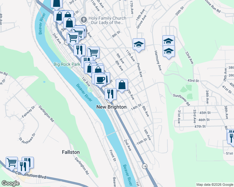 map of restaurants, bars, coffee shops, grocery stores, and more near 1100 5th Avenue in New Brighton