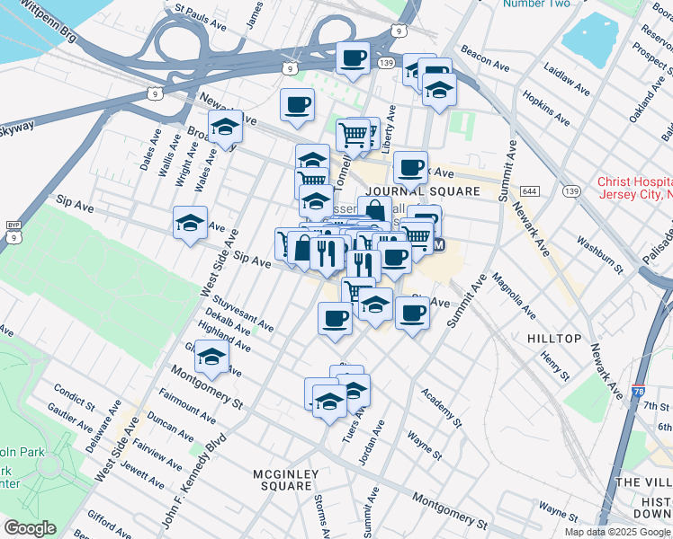 map of restaurants, bars, coffee shops, grocery stores, and more near Tonnelle Ave & John F. Kennedy Blvd in Jersey City