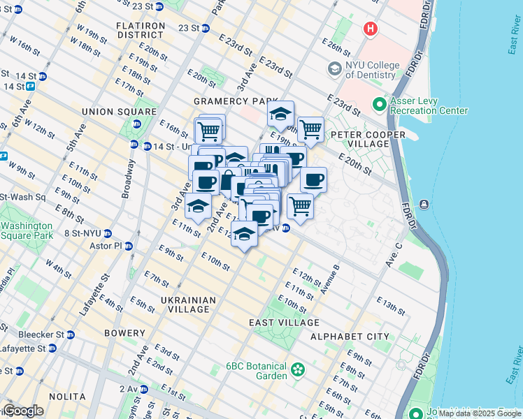 map of restaurants, bars, coffee shops, grocery stores, and more near 347 East 14th Street in New York