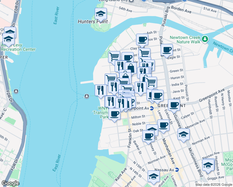 map of restaurants, bars, coffee shops, grocery stores, and more near 66 Huron Street in Brooklyn