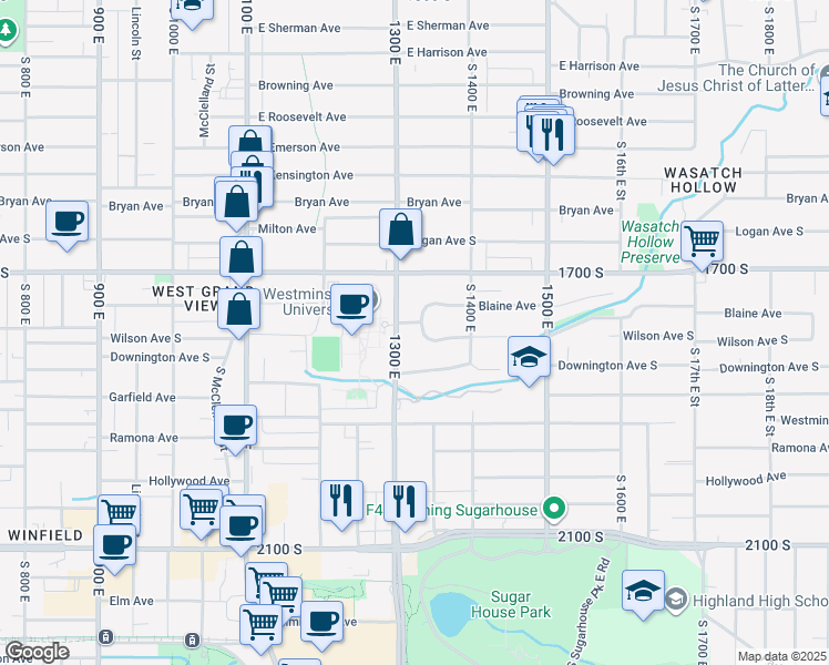 map of restaurants, bars, coffee shops, grocery stores, and more near 1320 Wilson Avenue in Salt Lake City
