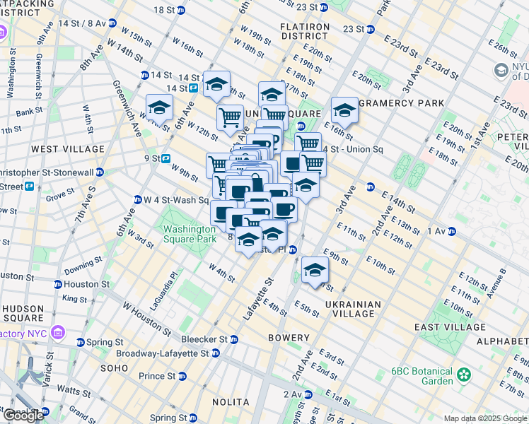 map of restaurants, bars, coffee shops, grocery stores, and more near 21 East 10th Street in New York