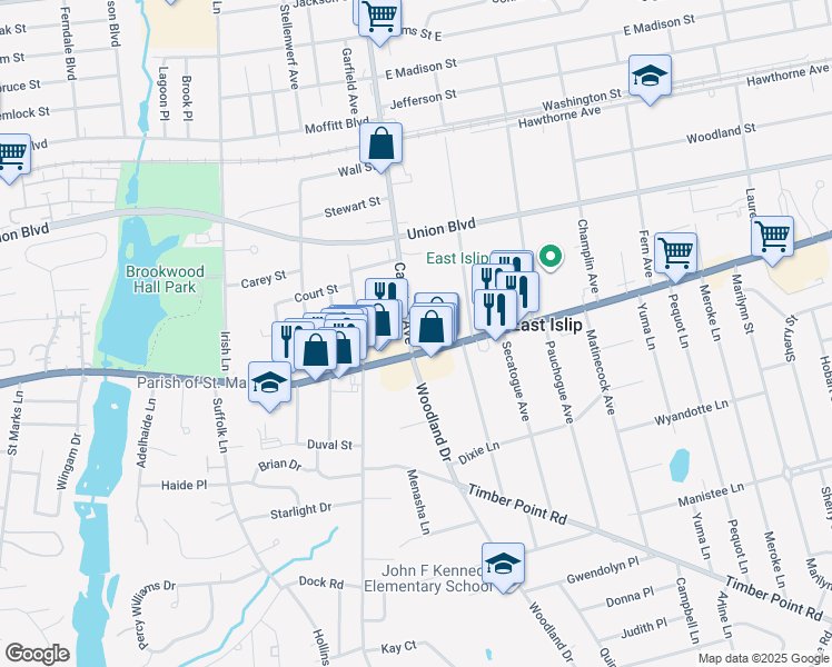 map of restaurants, bars, coffee shops, grocery stores, and more near 33 Carleton Avenue in East Islip
