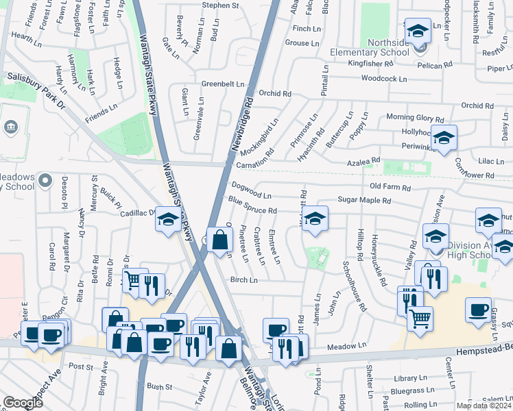 map of restaurants, bars, coffee shops, grocery stores, and more near 2 Old Farm Road in Levittown