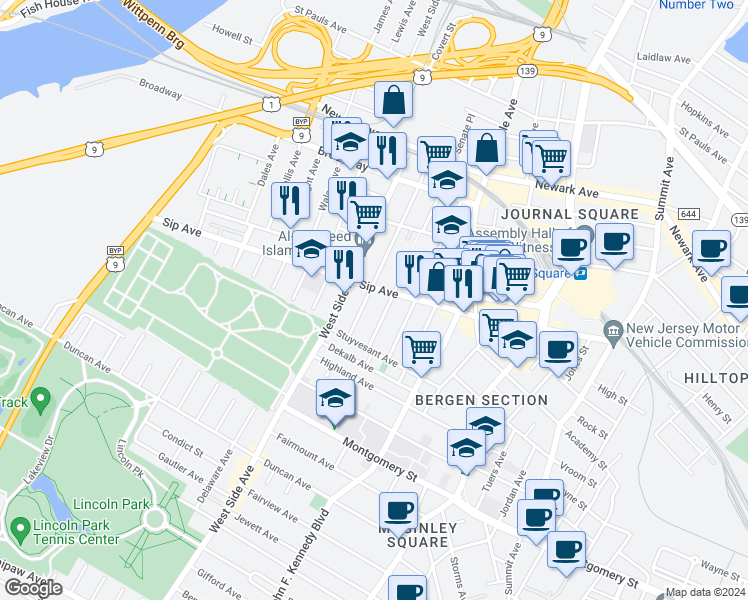 map of restaurants, bars, coffee shops, grocery stores, and more near 44 Corbin Avenue in Jersey City