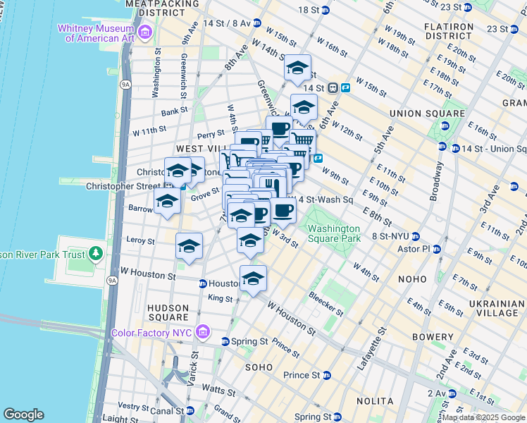 map of restaurants, bars, coffee shops, grocery stores, and more near 7 Cornelia Street in New York