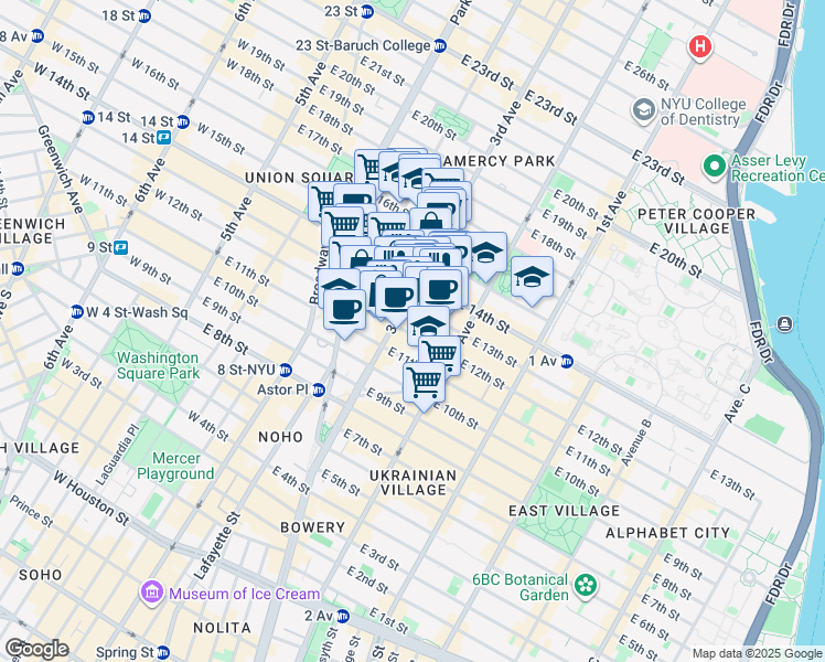 map of restaurants, bars, coffee shops, grocery stores, and more near in New York