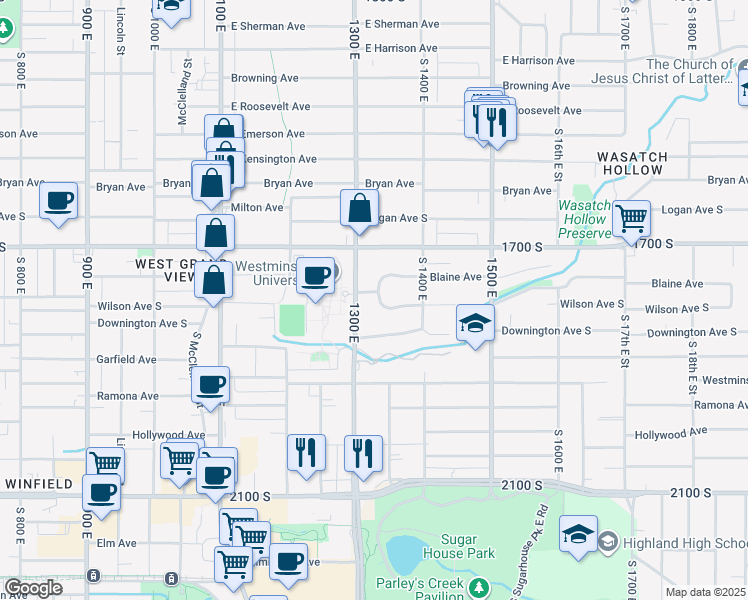 map of restaurants, bars, coffee shops, grocery stores, and more near 1320 Wilson Avenue in Salt Lake City