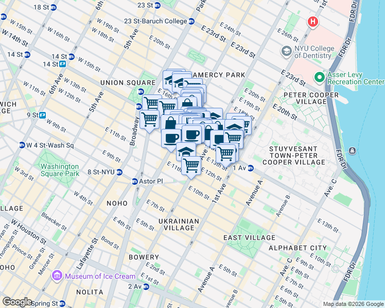 map of restaurants, bars, coffee shops, grocery stores, and more near 240 East 13th Street in New York