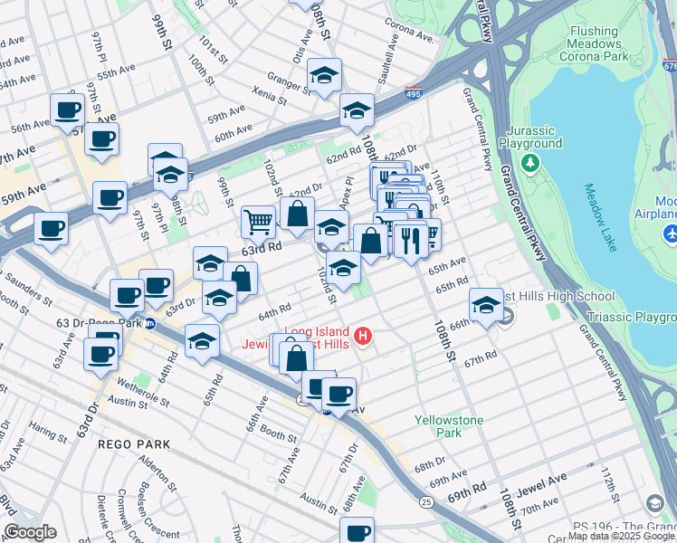 map of restaurants, bars, coffee shops, grocery stores, and more near 63-55 102nd Street in Queens
