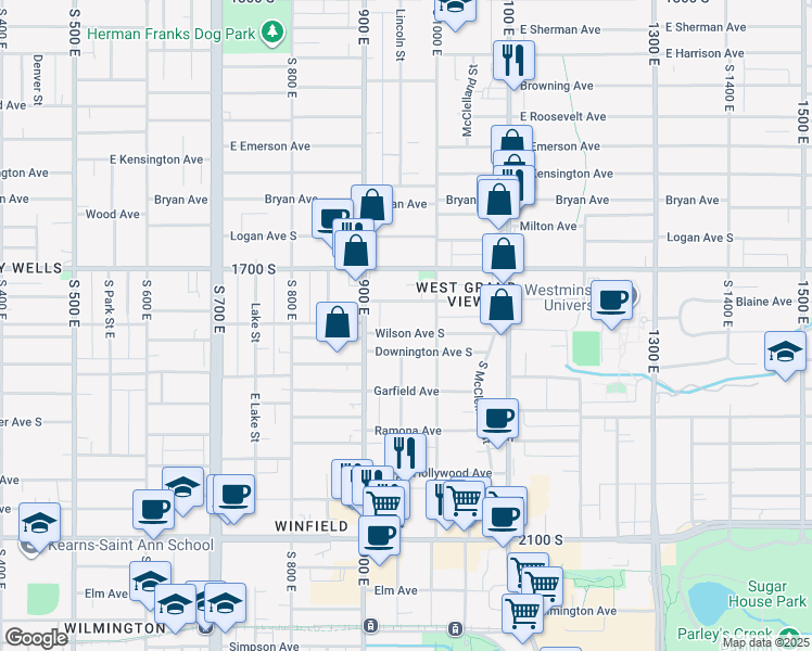 map of restaurants, bars, coffee shops, grocery stores, and more near 951 Wilson Avenue South in Salt Lake City