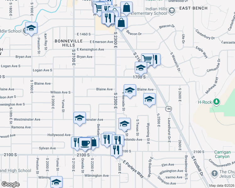 map of restaurants, bars, coffee shops, grocery stores, and more near 1739 South 2300 East in Salt Lake City