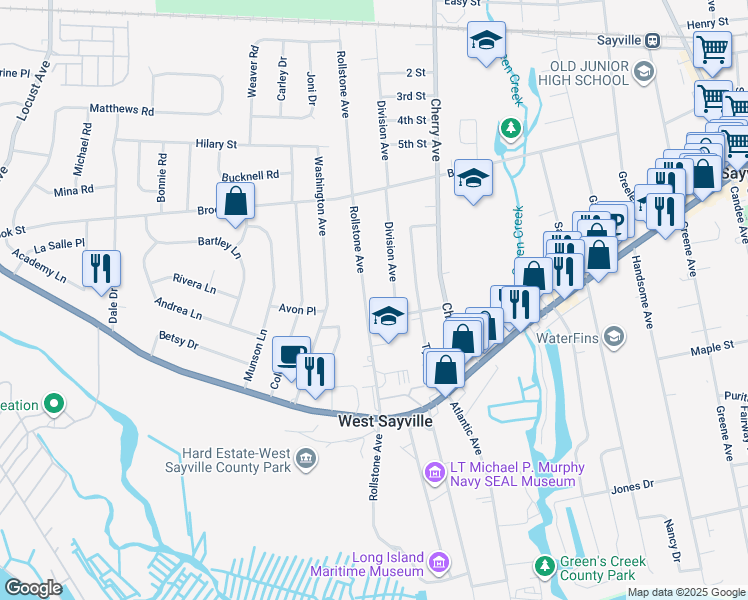 map of restaurants, bars, coffee shops, grocery stores, and more near 71 Rollstone Avenue in West Sayville