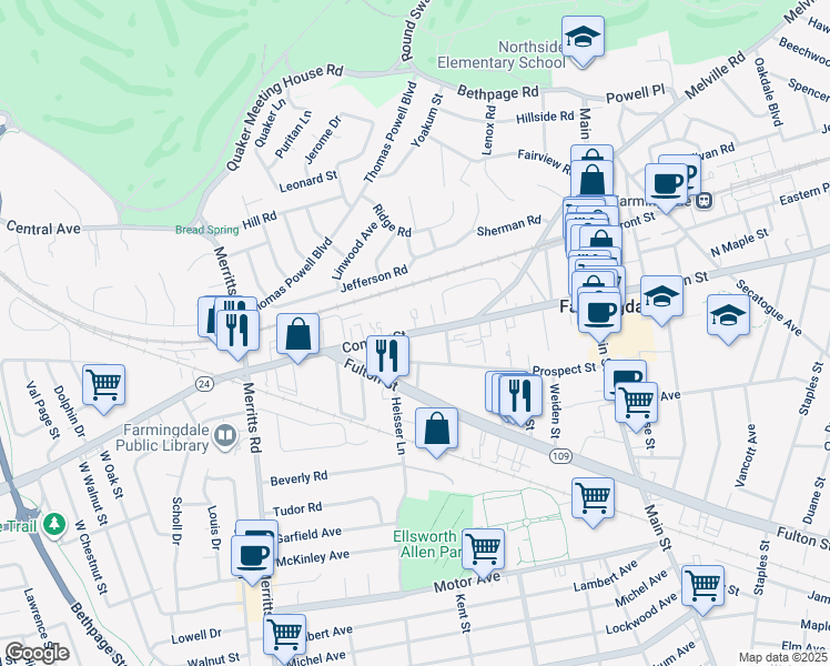 map of restaurants, bars, coffee shops, grocery stores, and more near 85 Conklin Street in Farmingdale