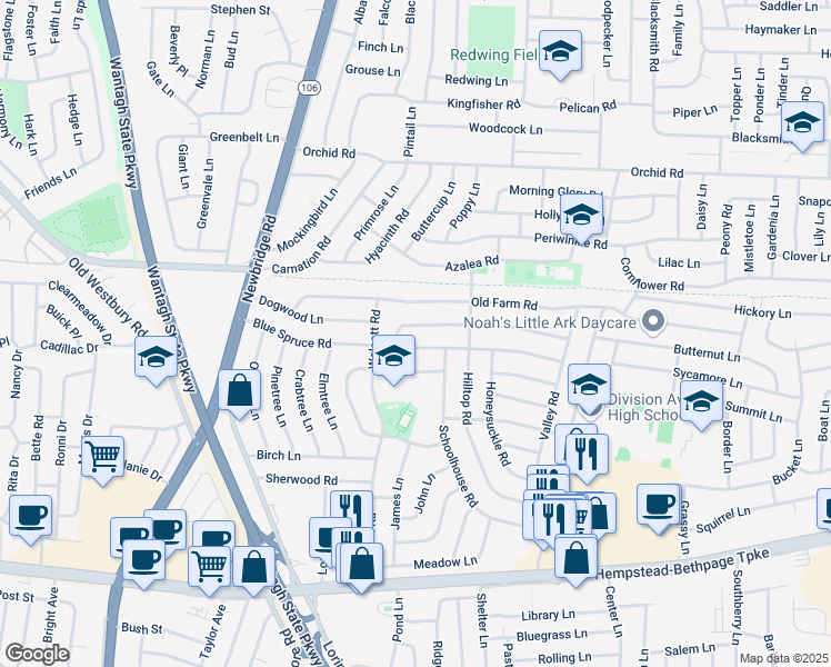 map of restaurants, bars, coffee shops, grocery stores, and more near 66 Old Farm Road in Levittown