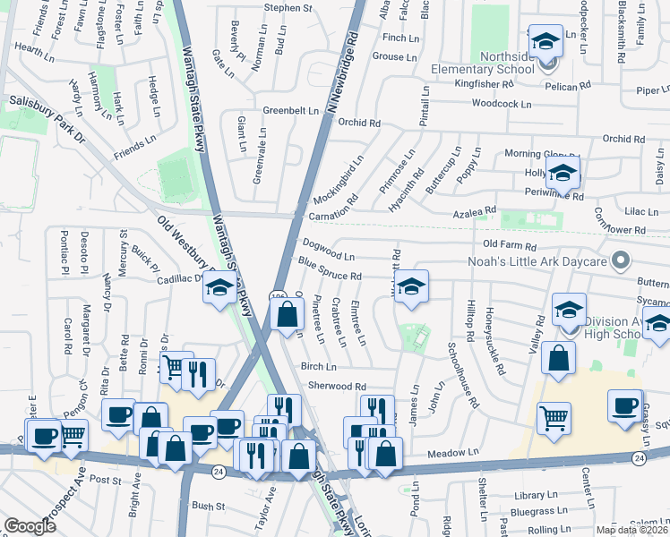 map of restaurants, bars, coffee shops, grocery stores, and more near 2 Old Farm Road in Levittown