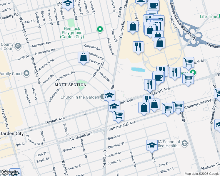 map of restaurants, bars, coffee shops, grocery stores, and more near 114 Wyatt Road in Garden City