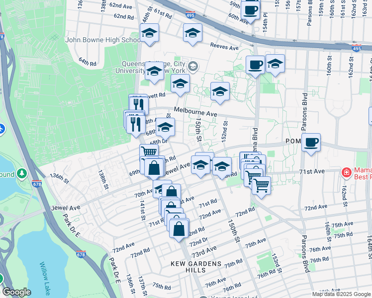 map of restaurants, bars, coffee shops, grocery stores, and more near 465 Driveway in Queens