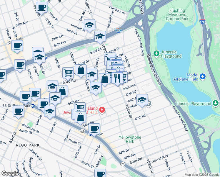 map of restaurants, bars, coffee shops, grocery stores, and more near 10525 64th Avenue in Queens