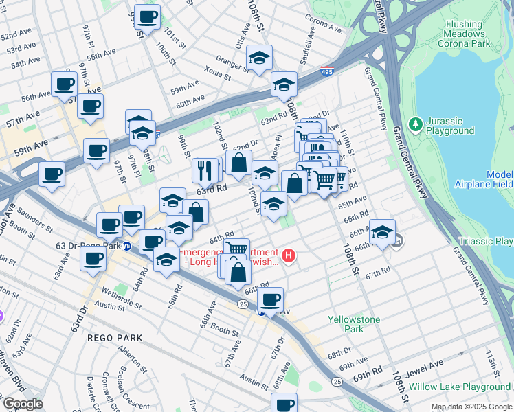 map of restaurants, bars, coffee shops, grocery stores, and more near 102-01 63rd Drive in Queens
