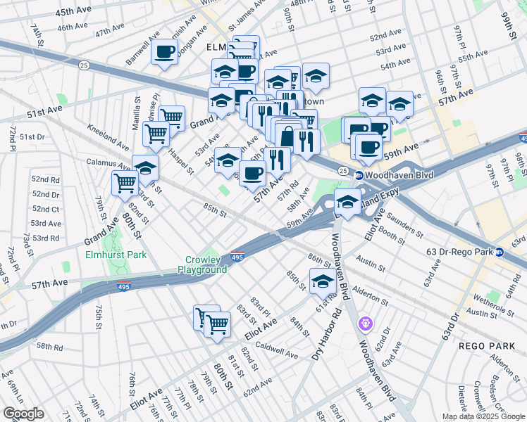 map of restaurants, bars, coffee shops, grocery stores, and more near in Queens