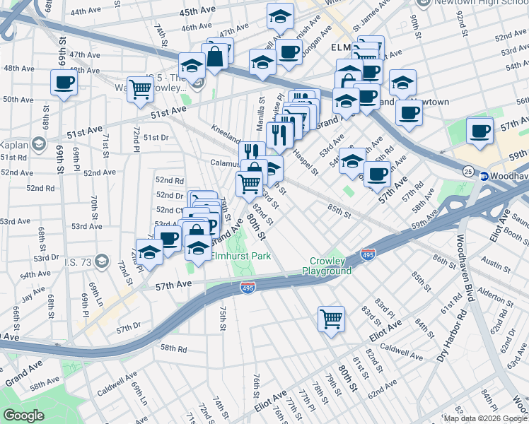 map of restaurants, bars, coffee shops, grocery stores, and more near 82-16 Grand Avenue in Queens