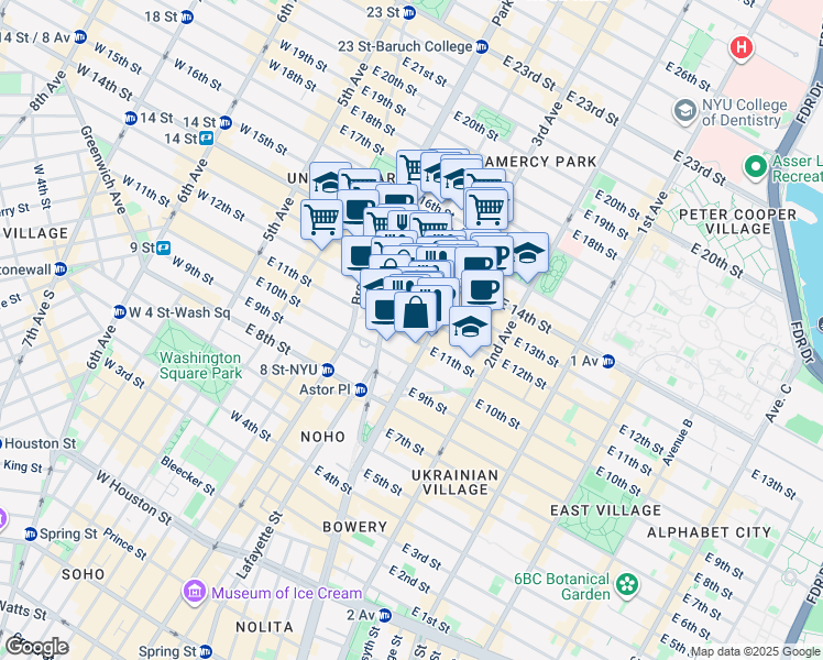 map of restaurants, bars, coffee shops, grocery stores, and more near 126-128 East 13th Street in New York
