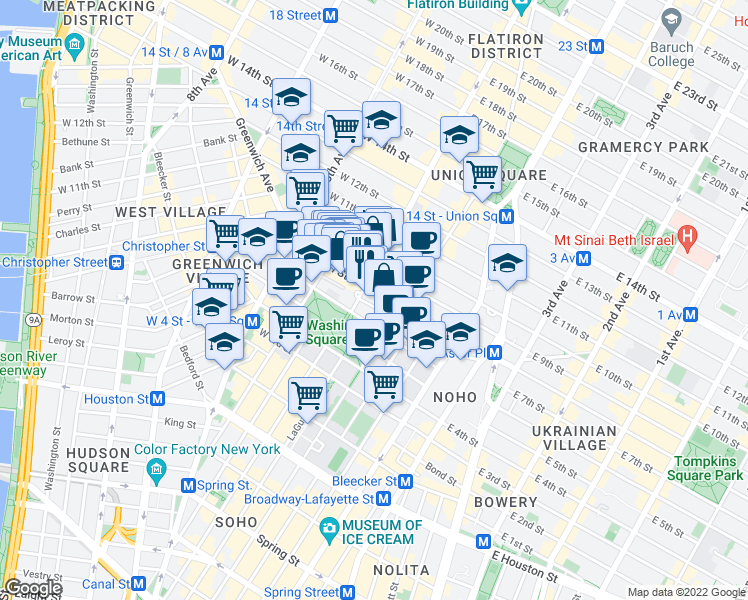map of restaurants, bars, coffee shops, grocery stores, and more near in New York