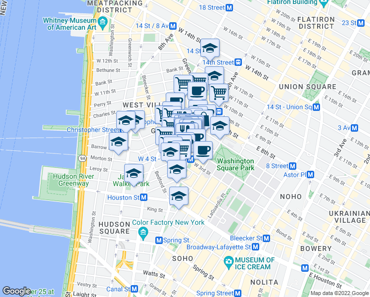 map of restaurants, bars, coffee shops, grocery stores, and more near in New York