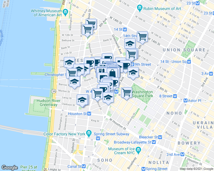 map of restaurants, bars, coffee shops, grocery stores, and more near in New York