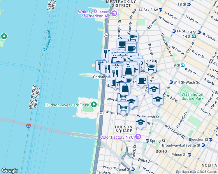 map of restaurants, bars, coffee shops, grocery stores, and more near 391 West Street in New York