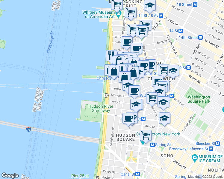 map of restaurants, bars, coffee shops, grocery stores, and more near 391 West Street in New York