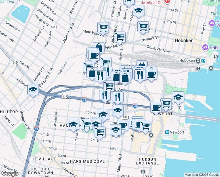 map of restaurants, bars, coffee shops, grocery stores, and more near 209 16th Street in Jersey City