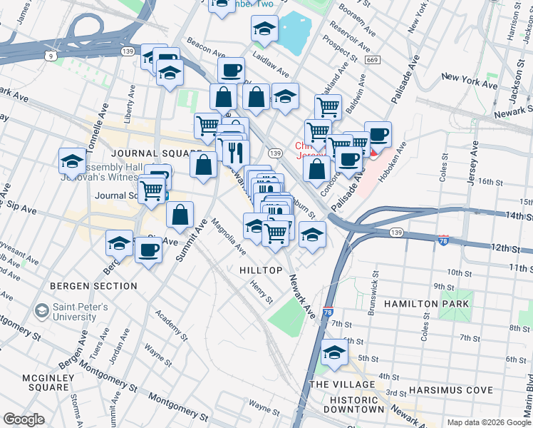 map of restaurants, bars, coffee shops, grocery stores, and more near 84 Court House Place in Jersey City