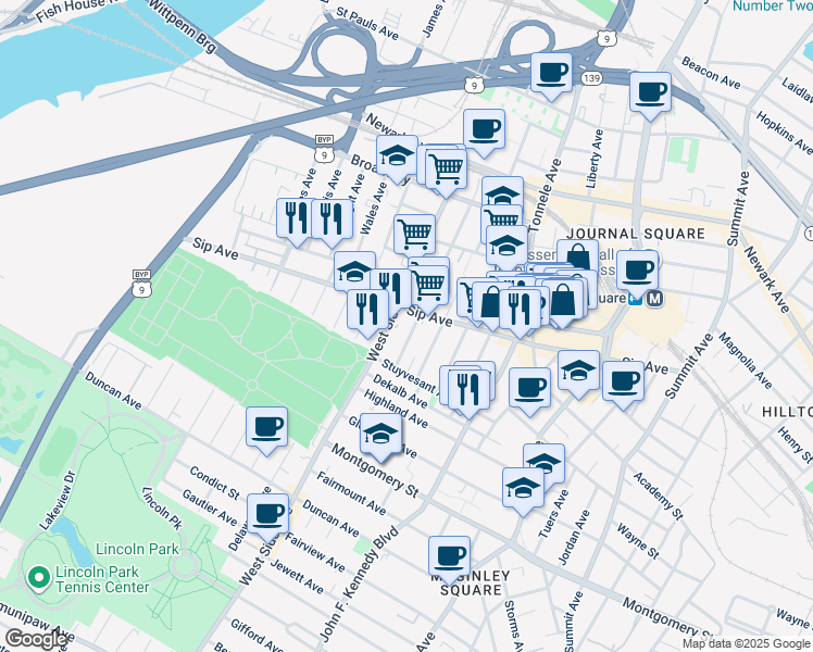 map of restaurants, bars, coffee shops, grocery stores, and more near in Jersey City