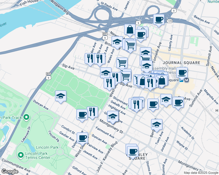 map of restaurants, bars, coffee shops, grocery stores, and more near in Jersey City