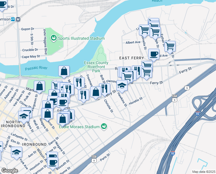 map of restaurants, bars, coffee shops, grocery stores, and more near 121 Fleming Avenue in Newark