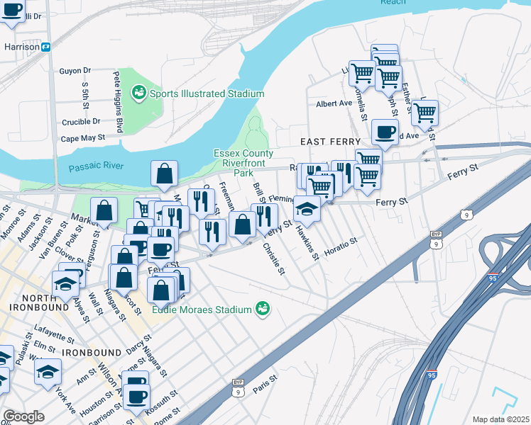 map of restaurants, bars, coffee shops, grocery stores, and more near 121 Fleming Avenue in Newark