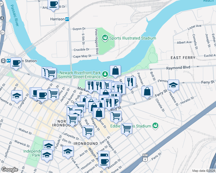 map of restaurants, bars, coffee shops, grocery stores, and more near 680-692 Raymond Boulevard in Newark