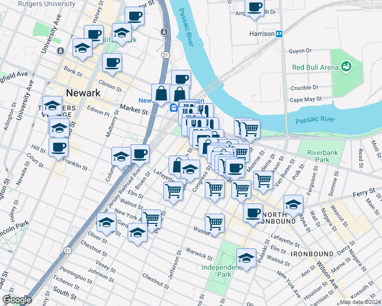 map of restaurants, bars, coffee shops, grocery stores, and more near in Newark